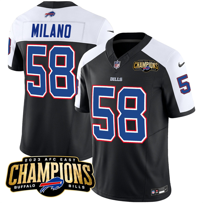 Men's Buffalo Bills #58 Matt Milano Black/White 2023 F.U.S.E. AFC East Champions With 4-star C Ptach Football Stitched Jersey